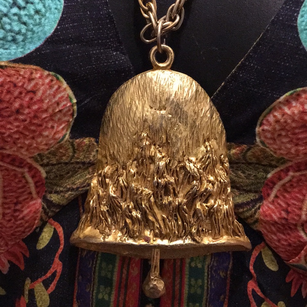 Strange vintage huge gold tone bell necklace